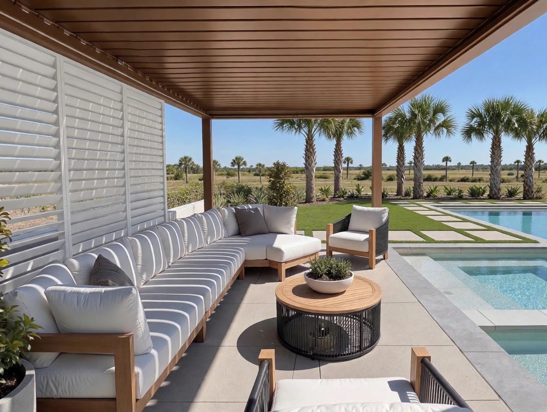 Inside a finished custom pergola build, bronze louvered ceiling and white shutter walls