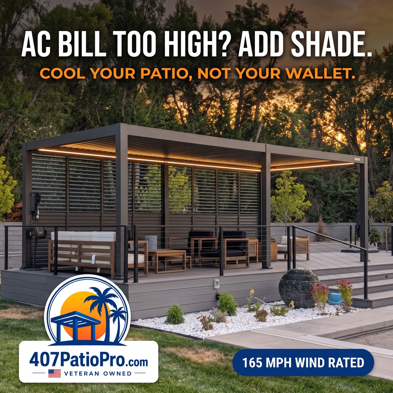 Motorized pergola shading a poolside patio in Lake Nona. Graphic reads: AC bill too high? Add shade. Cool your patio, not your wallet.