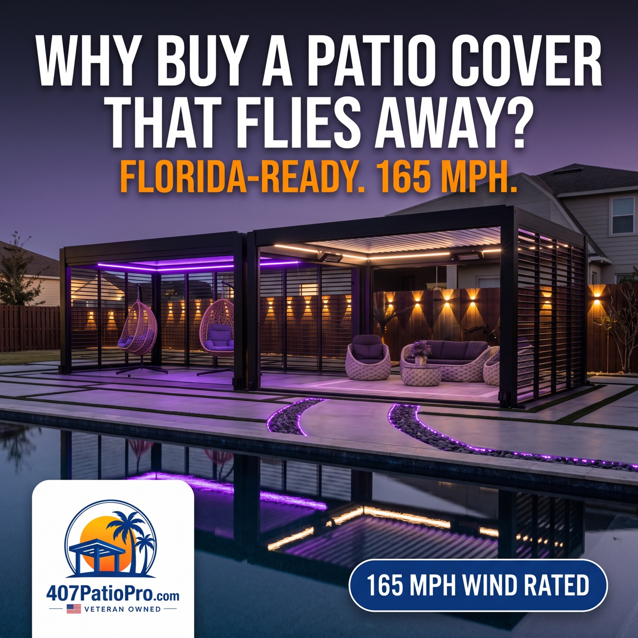 Two connected motorized pergolas with LED lighting beside a pool at dusk in New Smyrna Beach. Graphic reads: Why buy a patio cover that flies away? Florida-ready. 165 MPH.