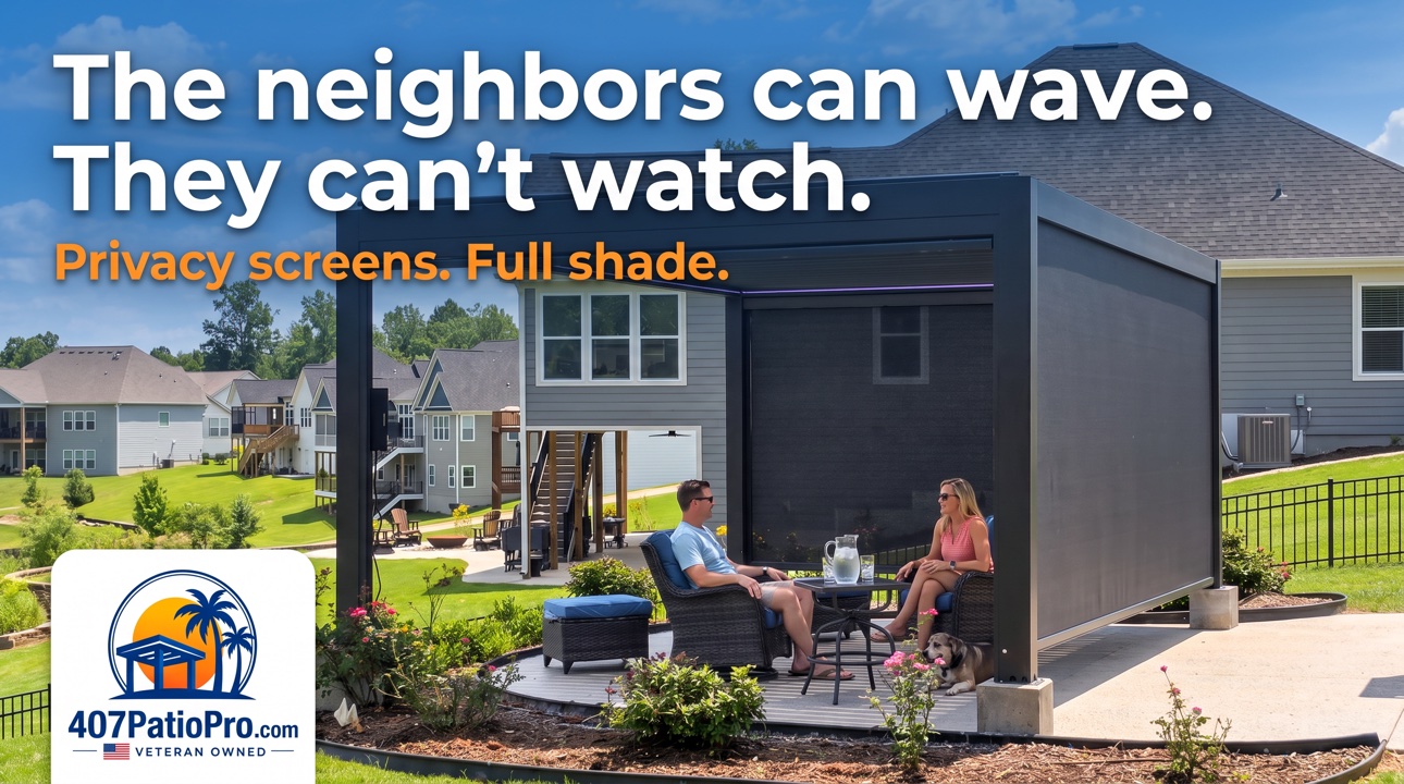 Graphic: The neighbors can wave. They can't watch. Privacy screens and full shade on a motorized pergola.
