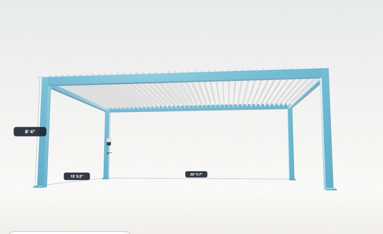 Large freestanding custom pergola in light blue, 20 feet 11.7 inches long