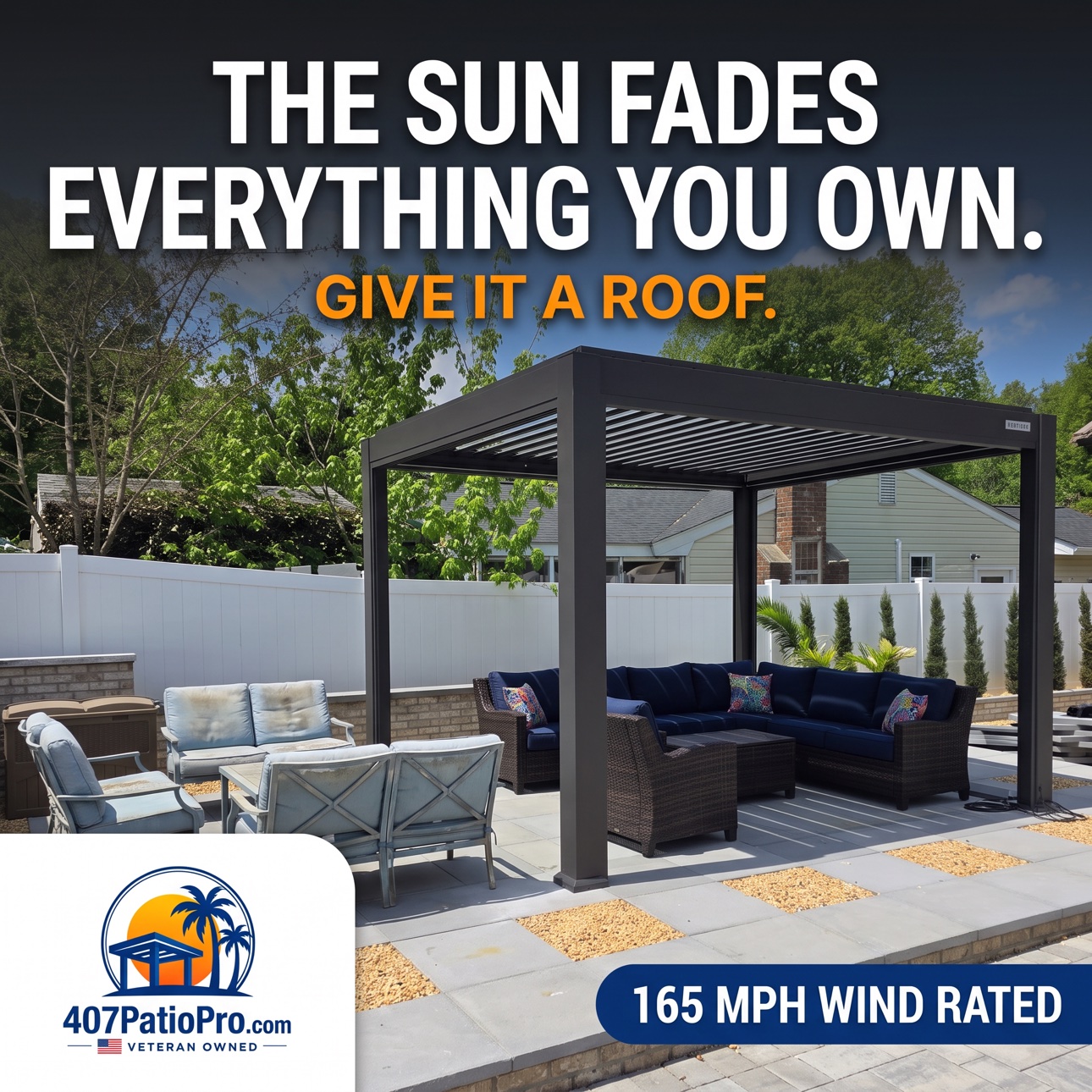 Graphic: The sun fades everything you own. Give it a roof. Pergola shading a patio.