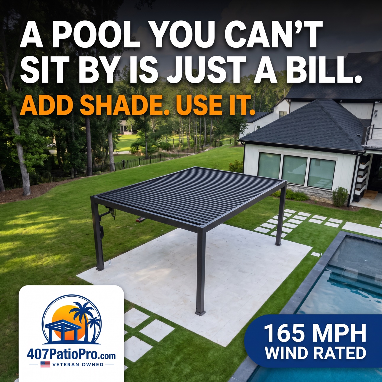 Dark charcoal motorized pergola over a lawn and pool deck in Horizon West. Graphic reads: A pool you can't sit by is just a bill. Add shade. Use it.