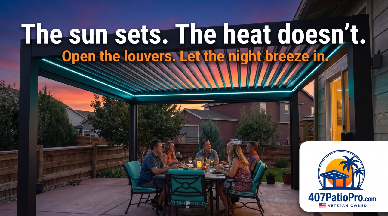 Dinner party under a wall mounted motorized pergola with LED lighting at sunset in Winter Park. Graphic reads: The sun sets. The heat doesn't. Open the louvers. Let the night breeze in.