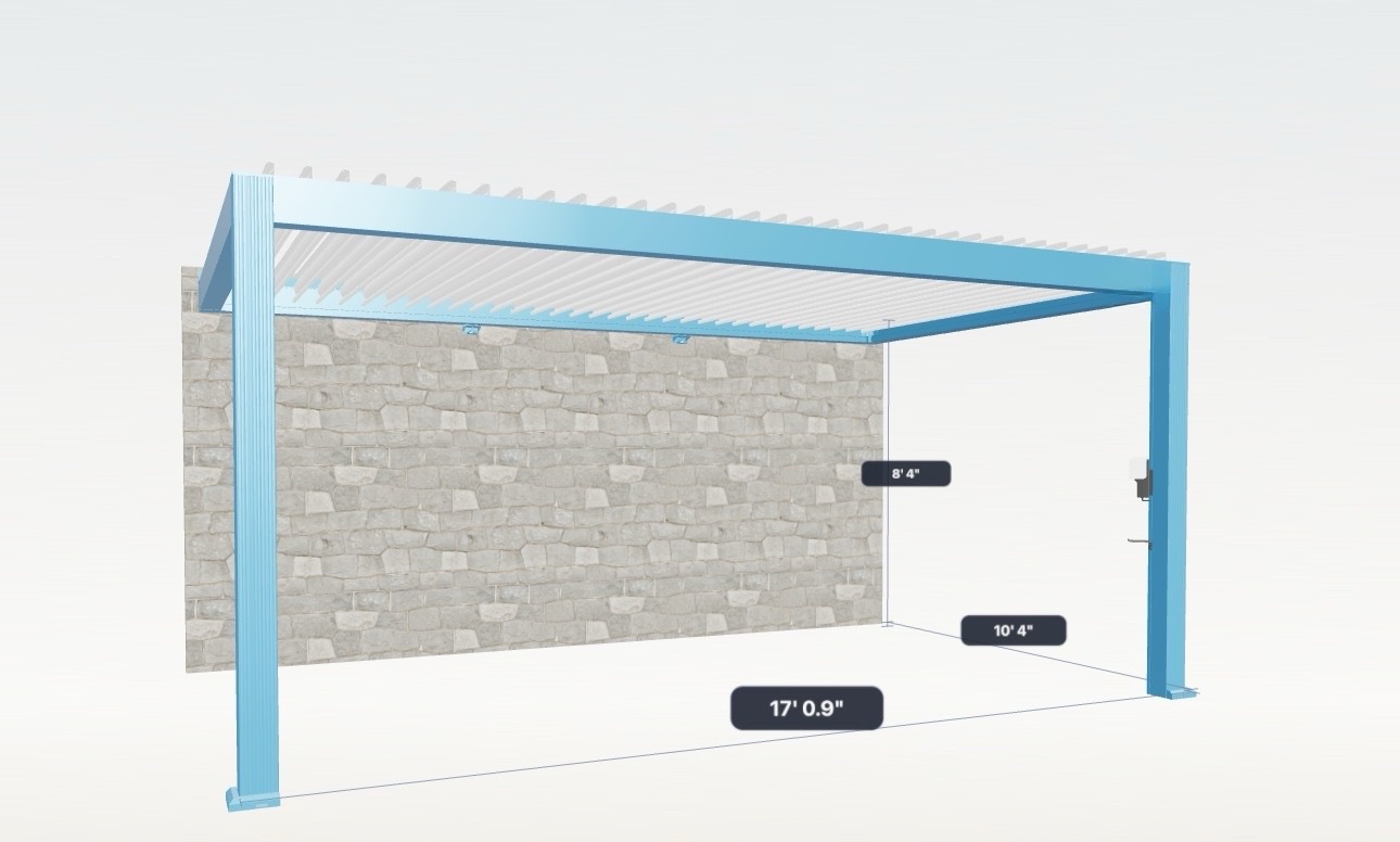 Wall mounted custom pergola in light blue against a stone wall, 17 feet long