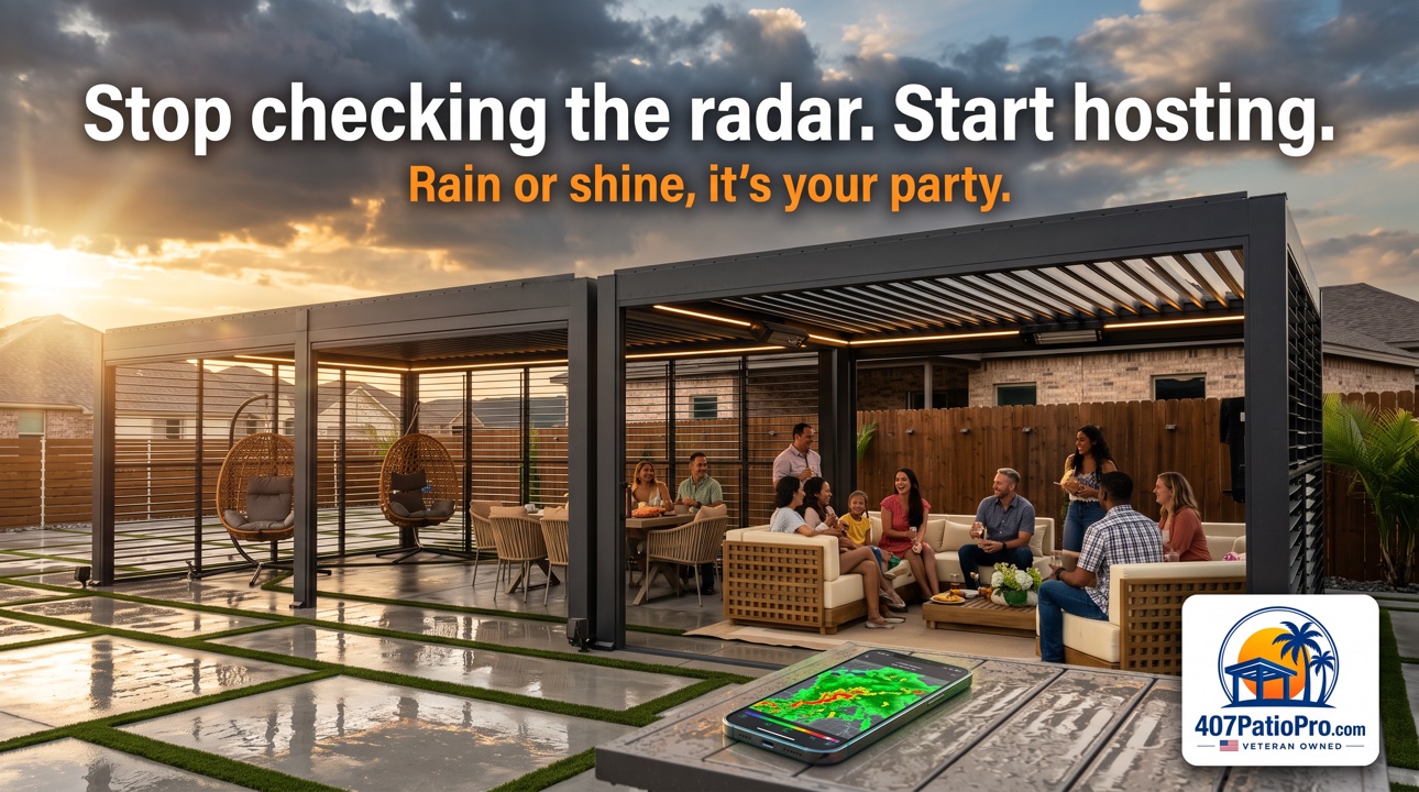 Graphic: Stop checking the radar. Start hosting. Rain or shine, it's your party. Double pergola hosting scene.