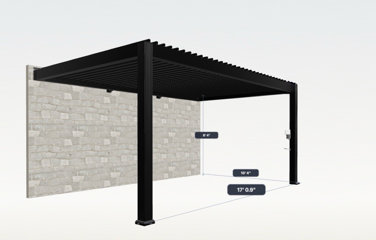 Dark charcoal motorized louvered pergola, freestanding