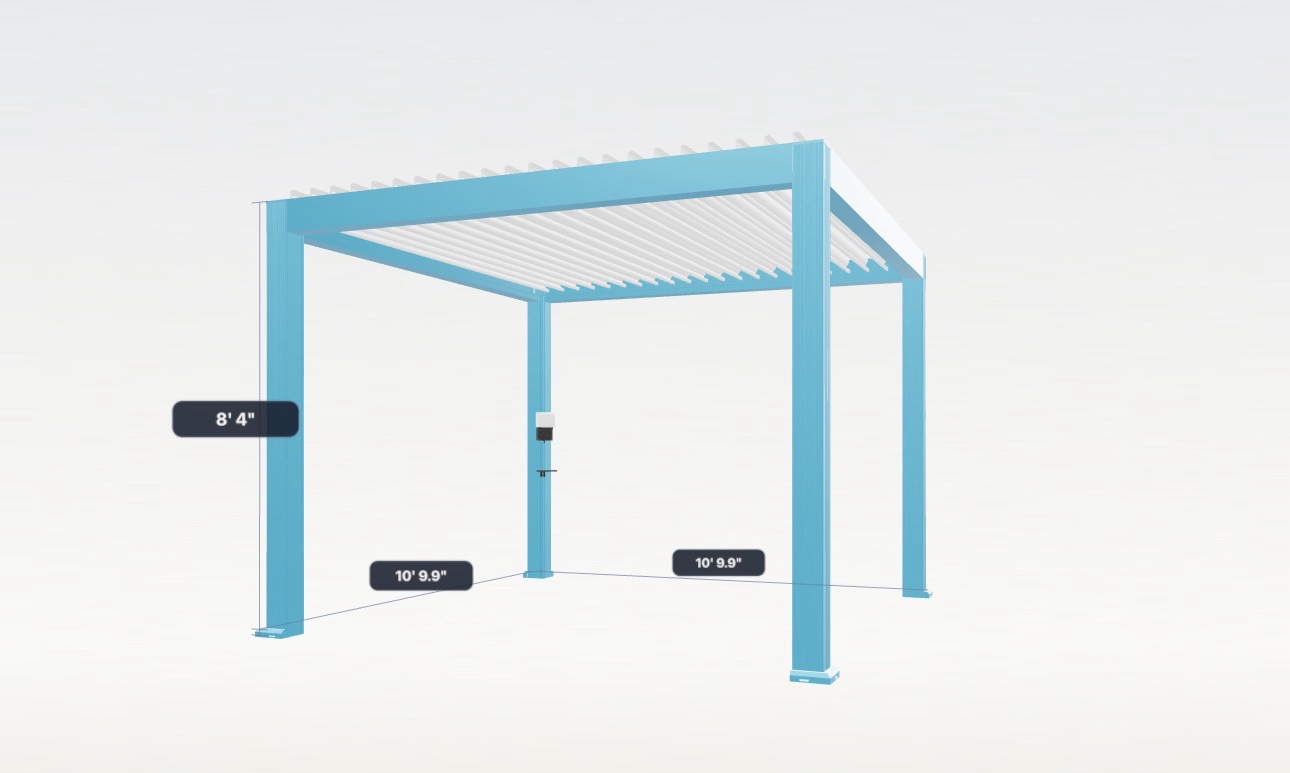 Small freestanding custom pergola in light blue, 10 feet 9.9 inches square