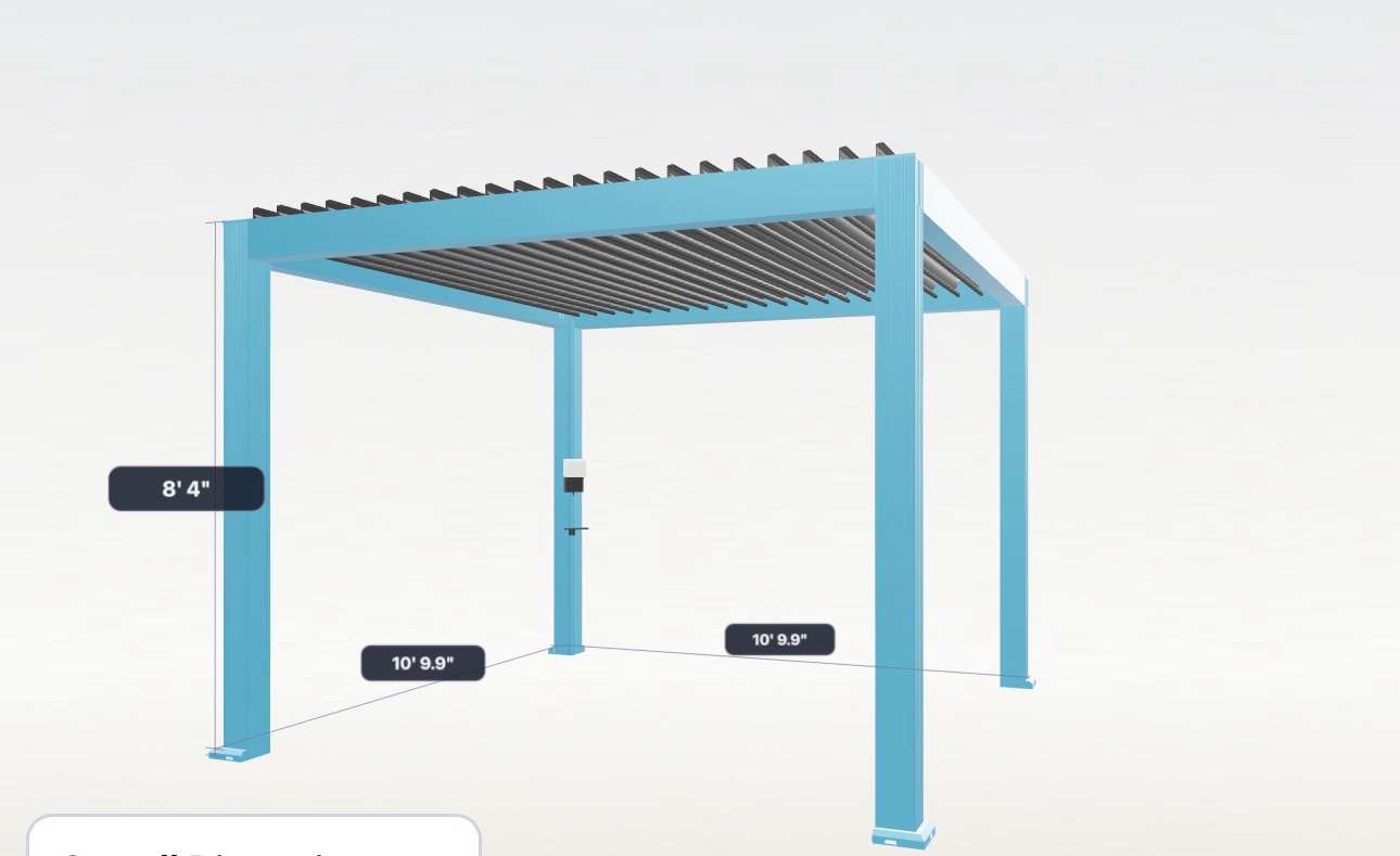 Light blue freestanding custom pergola with dark louvers