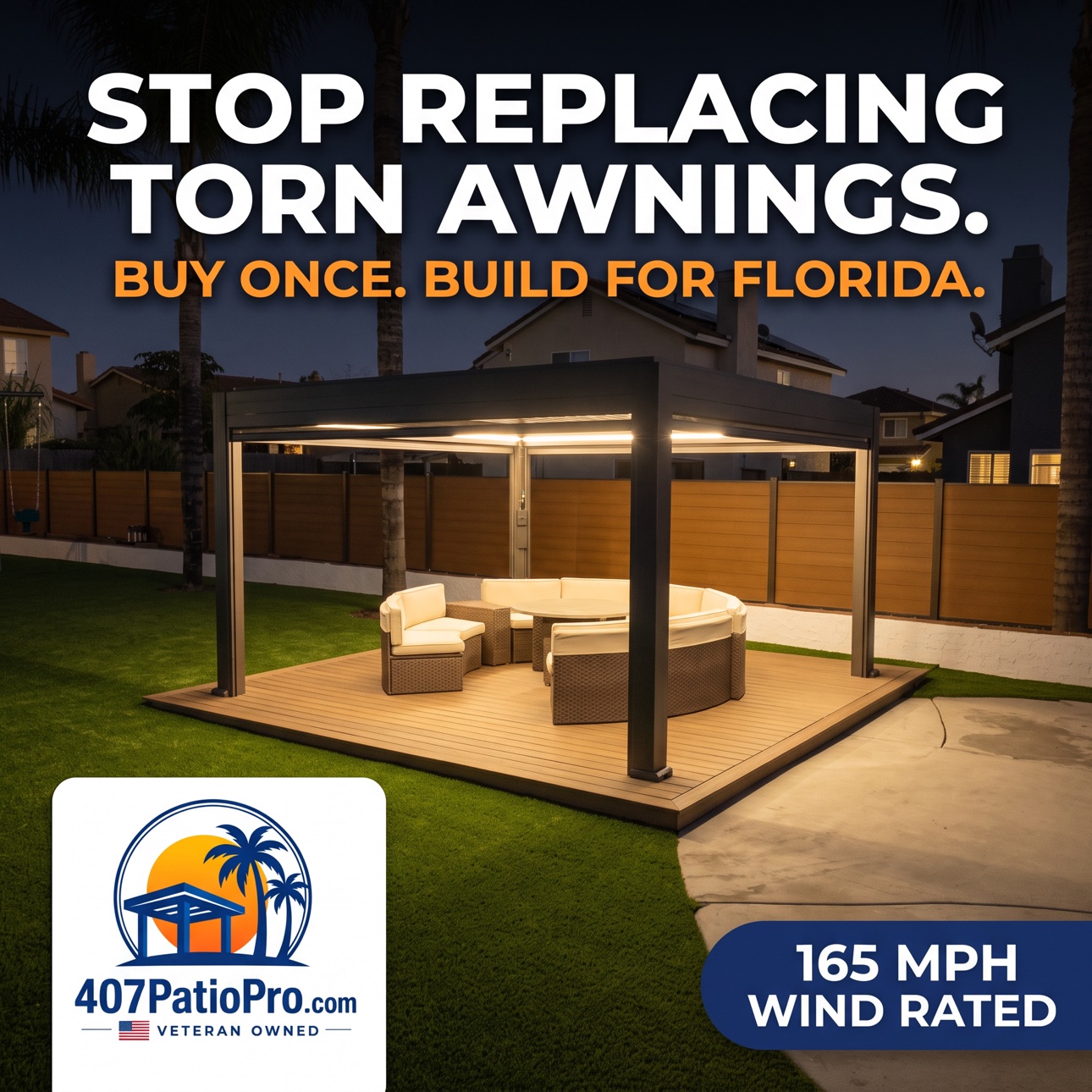 Dark charcoal motorized pergola with LED lighting over an outdoor living space at dusk in New Smyrna Beach. Graphic reads: Stop replacing torn awnings. Buy once. Build for Florida.