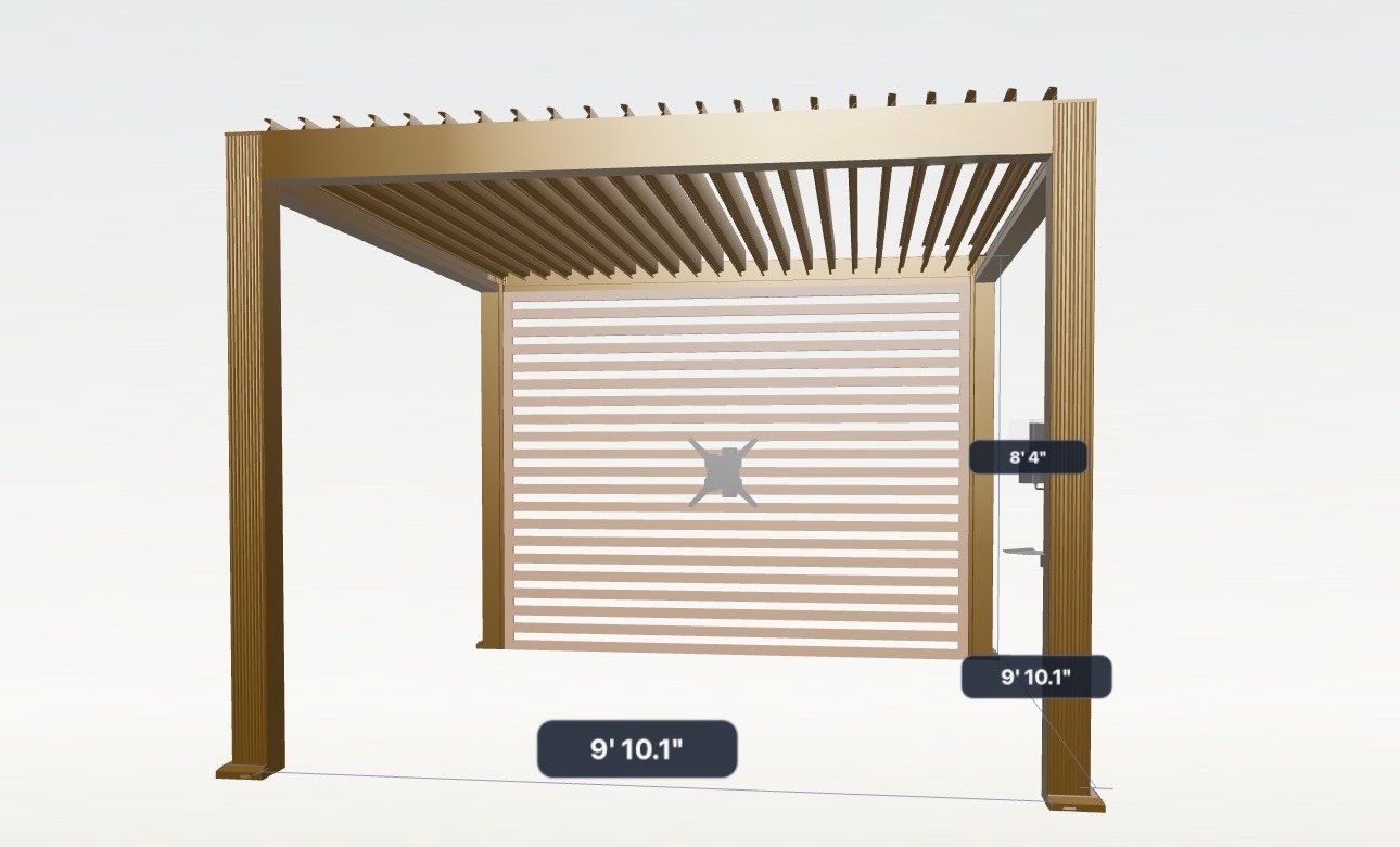 Aluminum slat wall with TV mount on a bronze custom pergola
