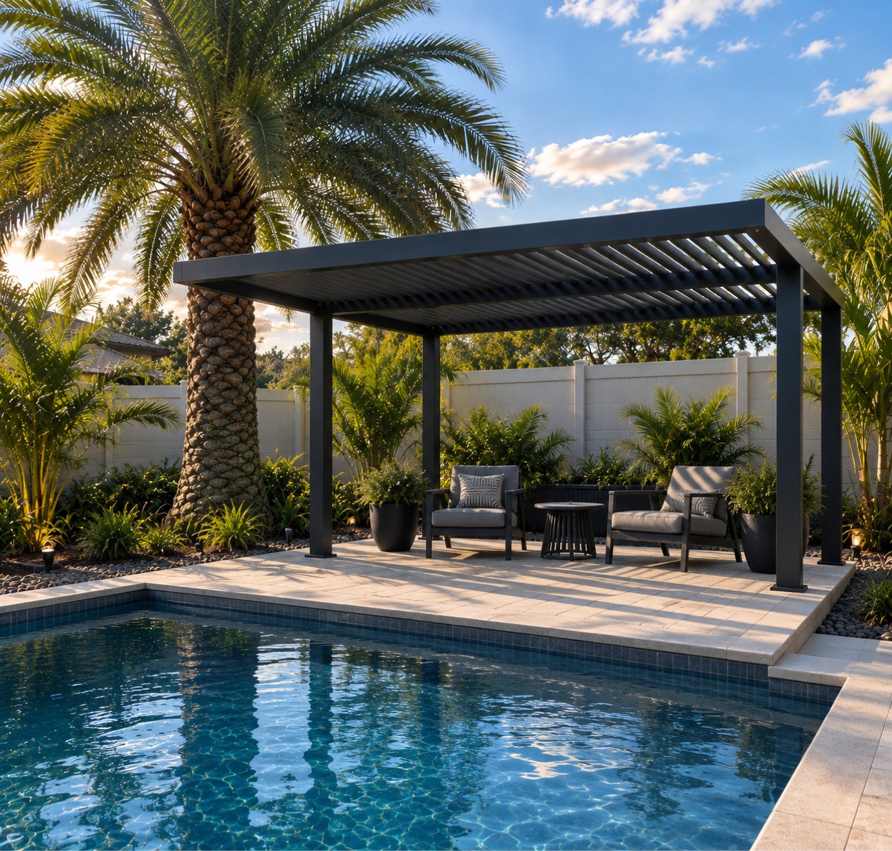 Glass-walled motorized pergola on a green lawn in New Smyrna Beach. Graphic reads: Don't let Florida ruin your weekend. Wind. Rain. Heat. Handled.