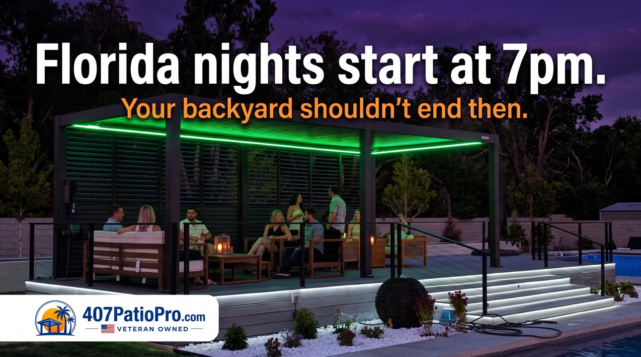 Graphic: Florida nights start at 7pm. Your backyard shouldn't end then. Pergola with LED lighting at night.