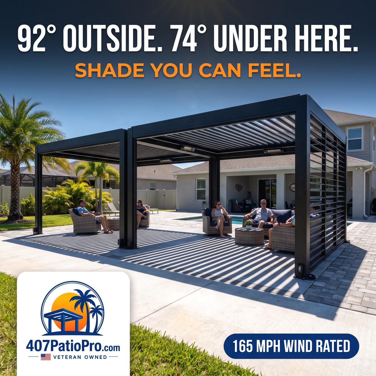 Neighbors relaxing in the shade of a dark charcoal motorized pergola in Clermont. Graphic reads: 92 degrees outside. 74 under here. Shade you can feel.