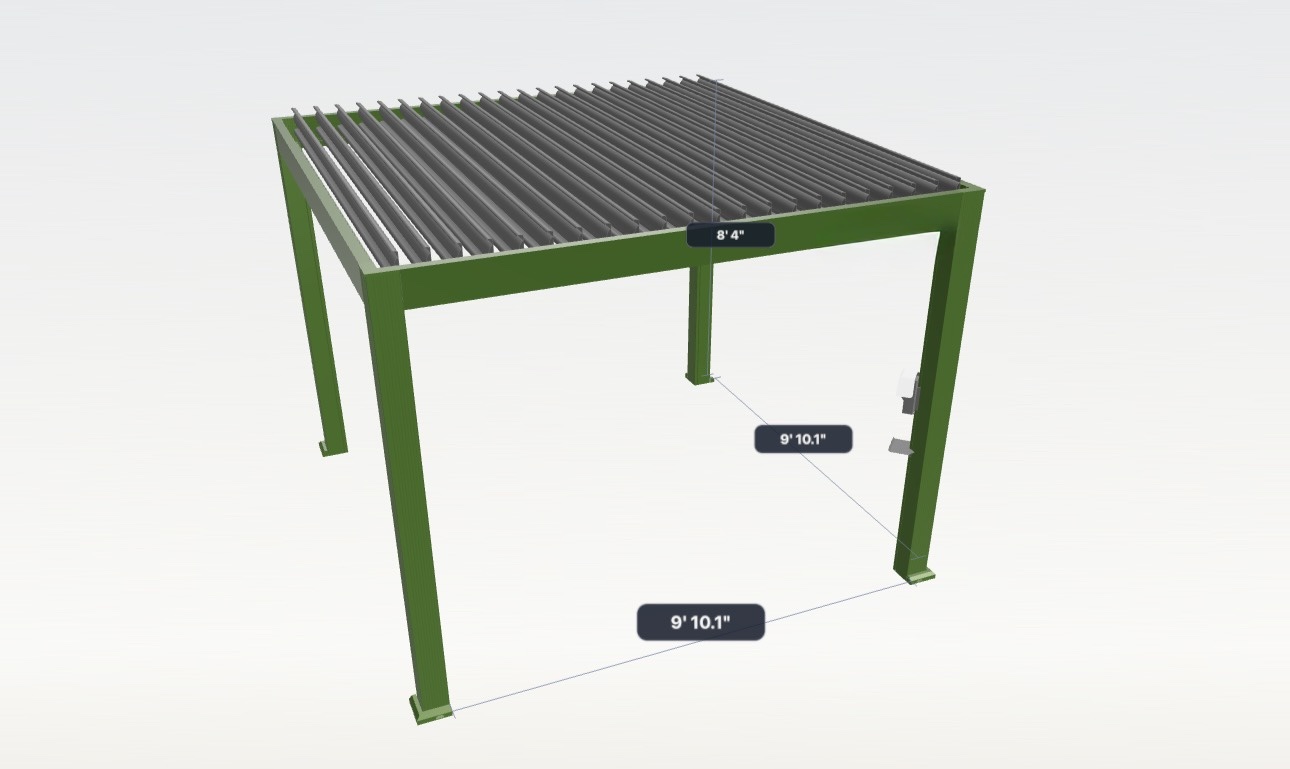 Two-tone custom pergola, green frame with dark louvers, shown large