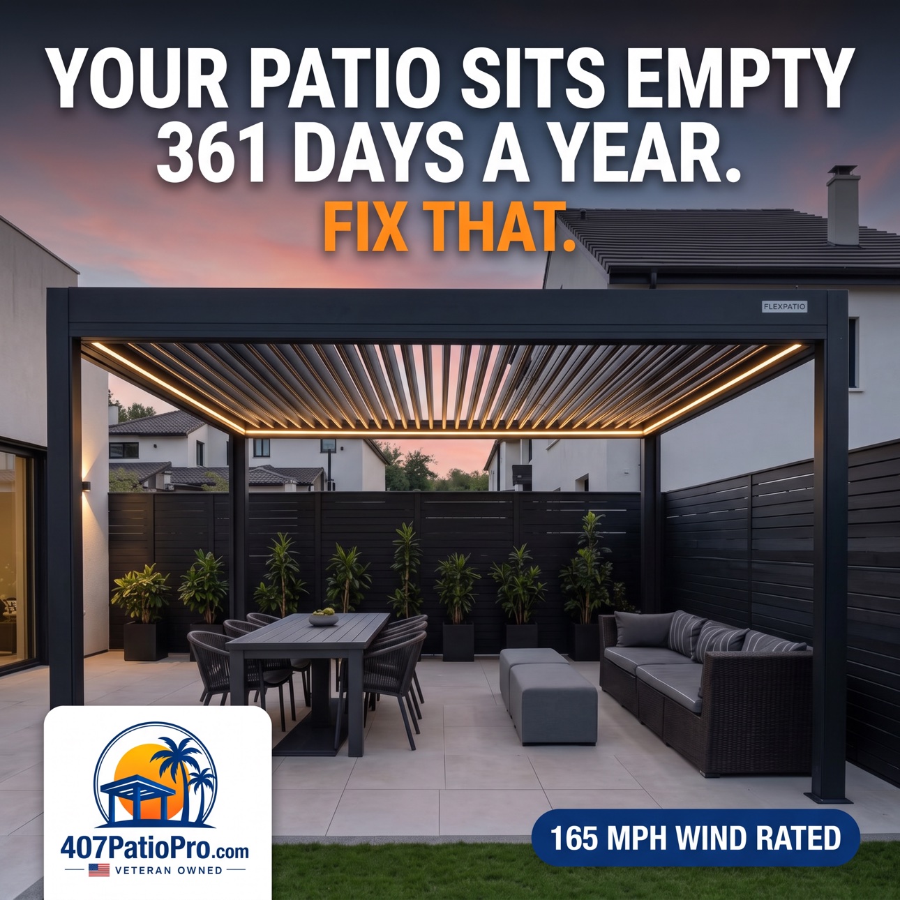 Dark charcoal motorized pergola over a furnished patio at dusk in Lake Nona. Graphic reads: Your patio sits empty 361 days a year. Fix that.