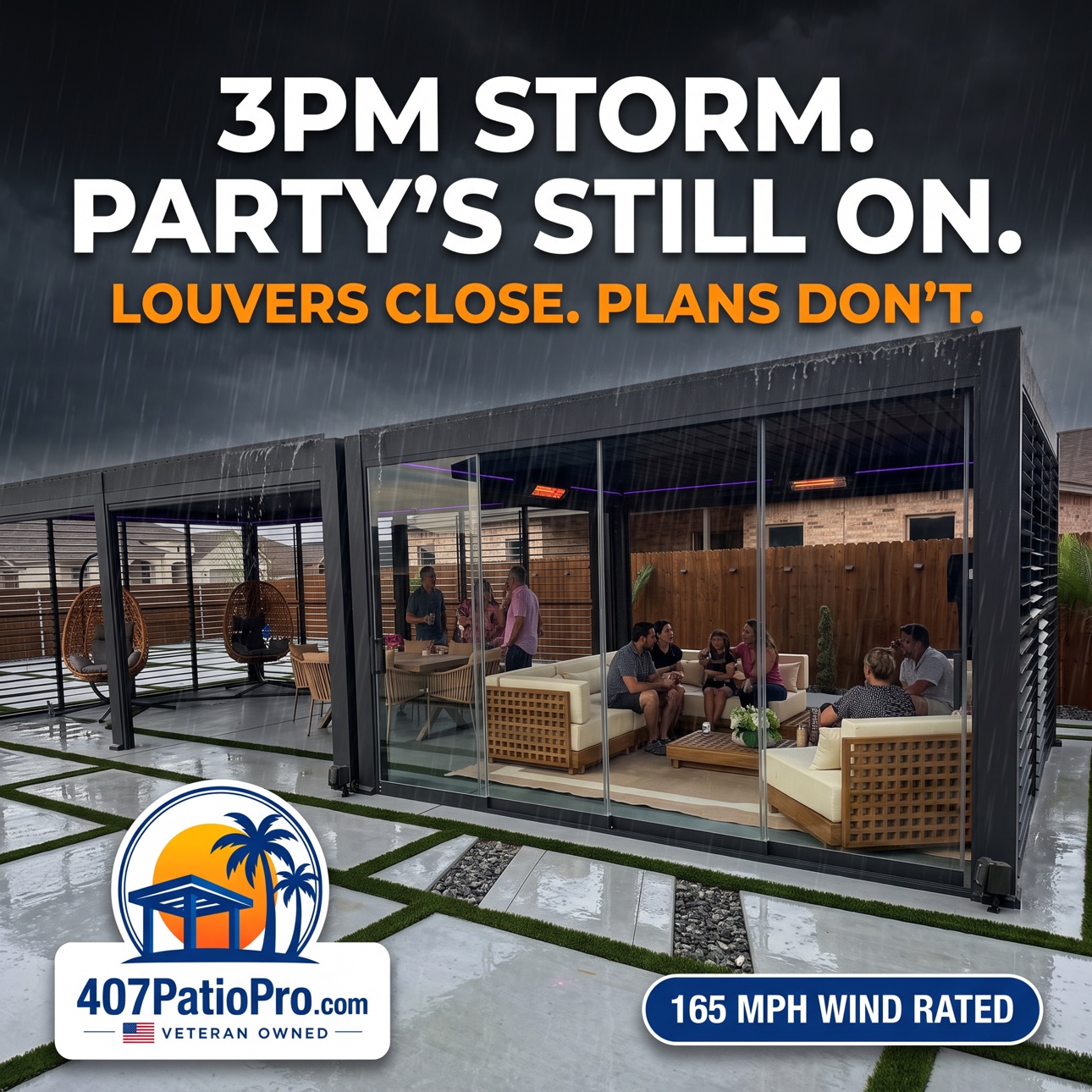 Graphic: 3PM storm. Party's still on. Louvers close. Plans don't.
