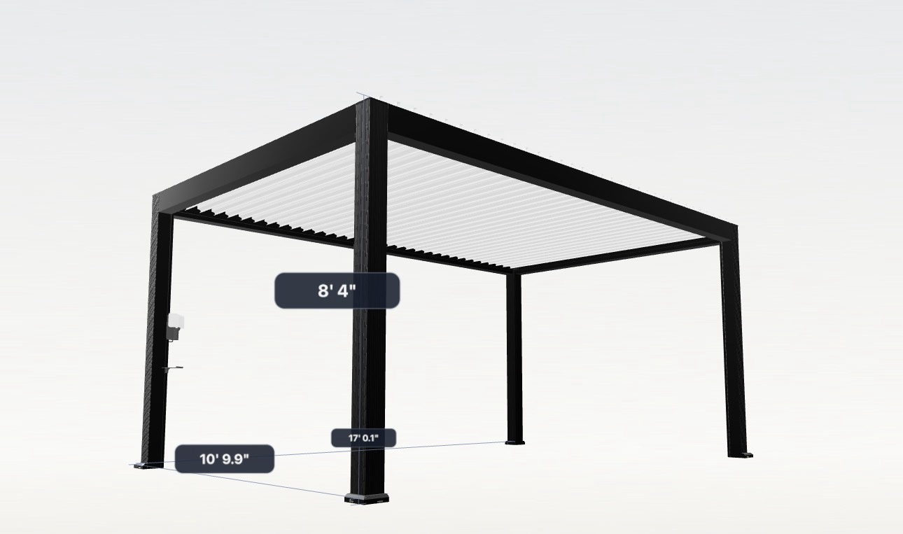 Two-tone custom pergola, dark charcoal frame with white louvers, shown large