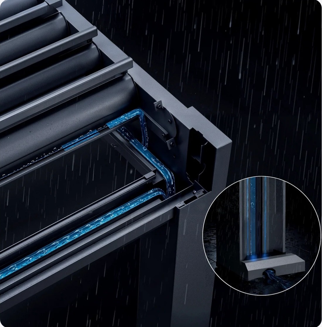 Cutaway of the Skyy+ roof showing rain water draining through hidden gutters inside the post