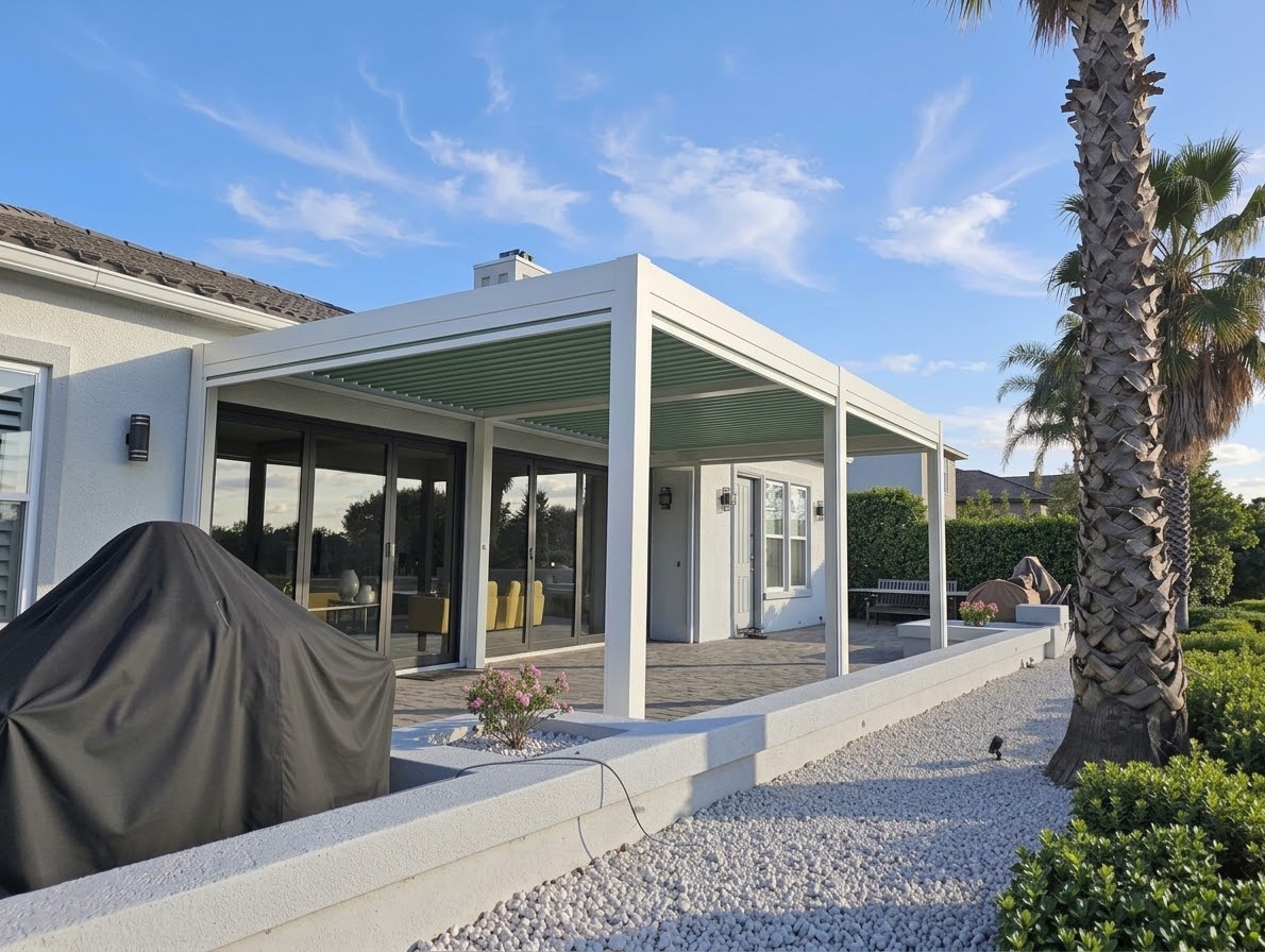 Finished custom pergola in a white frame with green louvers, running along the back of a house