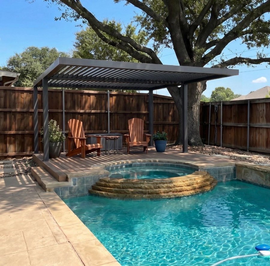Cantilever louvered pergola over a pool deck, roof extending past the posts
