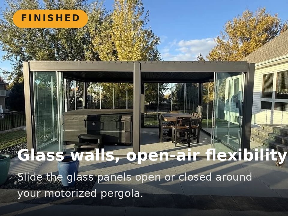 Motorized pergola with sliding glass walls on a Central Florida patio