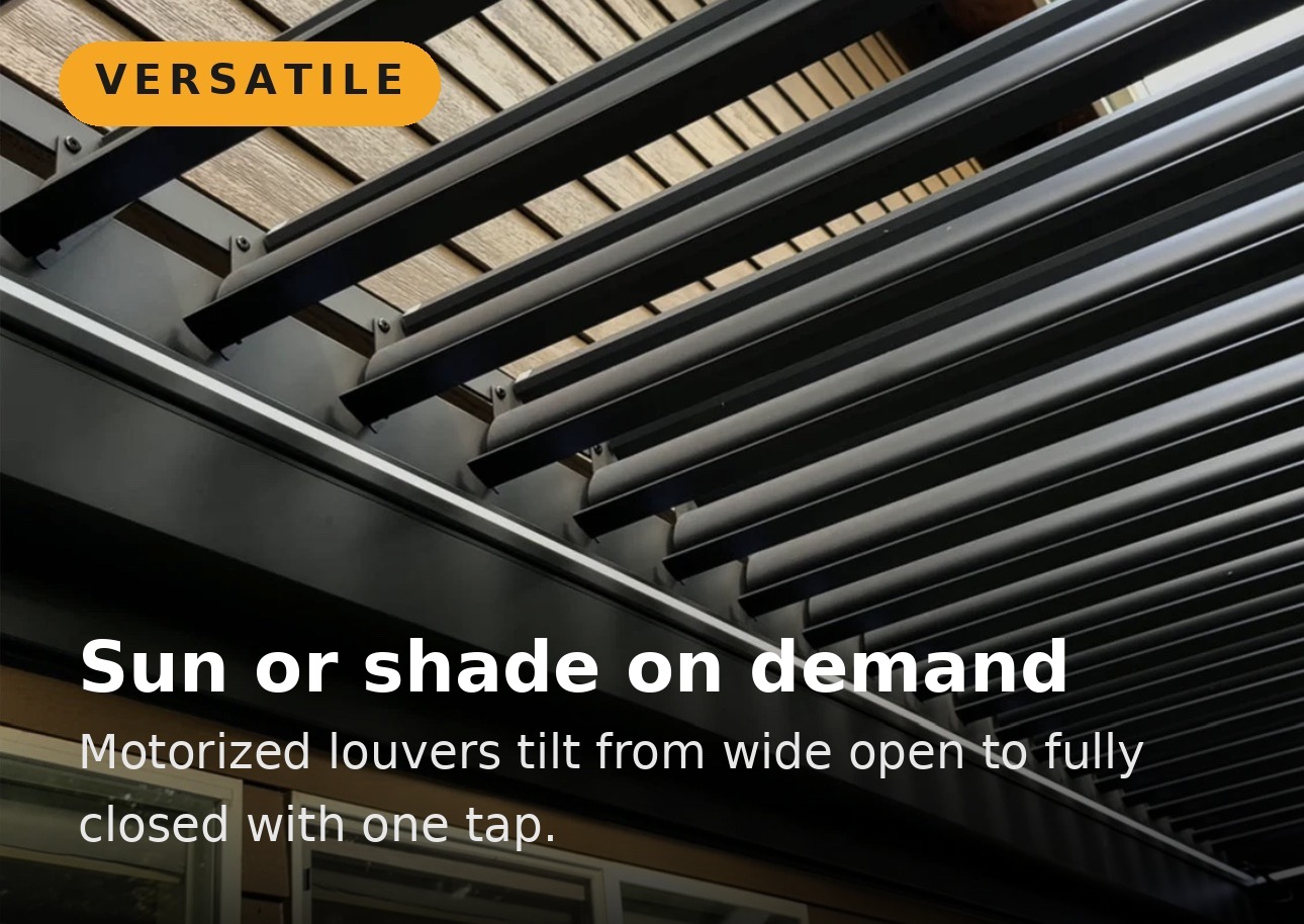Close-up of open motorized louvers on a 165 MPH rated aluminum pergola